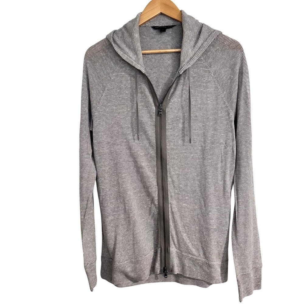 John Varvatos USA Gray White Striped Hoodie Med Zip Up Lightweight Linen Blend